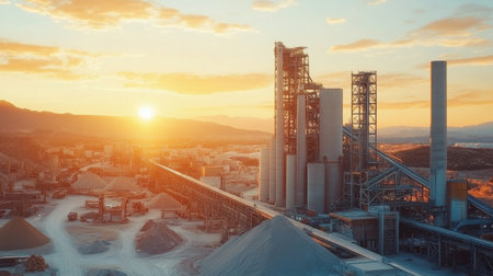 An aerial view of an industrial complex during sunset, showcasing tall structures and machinery alongside a quarry filled with sand and gravel.の素材