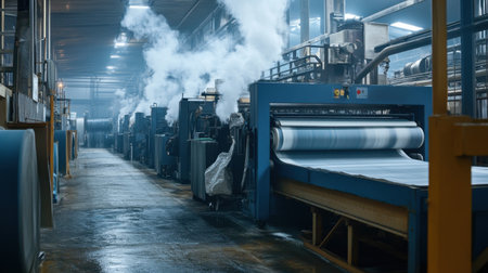 An industrial production area featuring heavy machinery processing materials surrounded by steam and a well-organized workflow in a factory setting.の素材