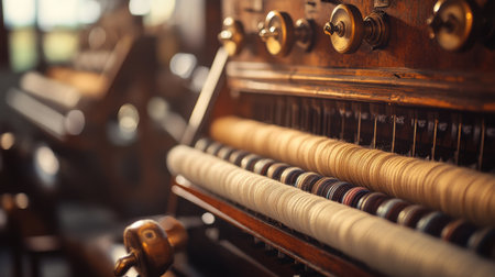 This image captures a vintage wooden loom adorned with colorful threads in an artisan workshop, showcasing intricate mechanisms and craftsmanship in textile production.の素材