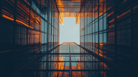 Captured from the ground level, this image showcases a stunning reflection of urban skyscrapers during sunset, highlighting vibrant colors and modern architecture.の素材
