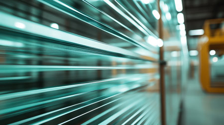 Dynamic abstract image capturing vertical lines within an industrial space. The blurred motion creates a sense of speed and efficiency in modern manufacturing.の素材