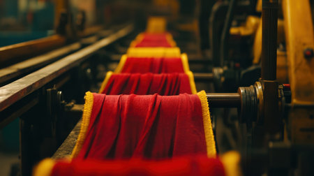 An industrial scene showcasing vibrant red fabric rolling on a conveyor system equipped with golden edges. This intricate production environment reflects the textile manufacturing process, highlighting precision and engineering excellence in modern factories.の素材