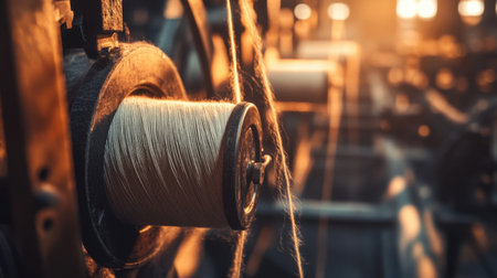 A beautifully detailed close-up capture of spools holding threads inside a textile machinery workshop, illuminated by warm natural light. The intricate textures and forms highlight craftsmanship and industrial design, creating a rich atmosphere.の素材