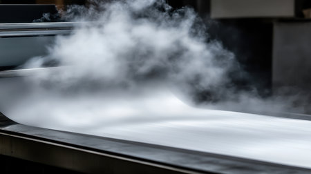 A mesmerizing view of steam gently flowing over a smooth surface in an industrial environment, highlighting unique textures and captivating light effects.の素材