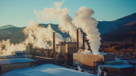 A vast industrial facility is highlighted with billowing smoke emissions against a serene backdrop of snowy mountains and a clear sky, showcasing energy production.の素材