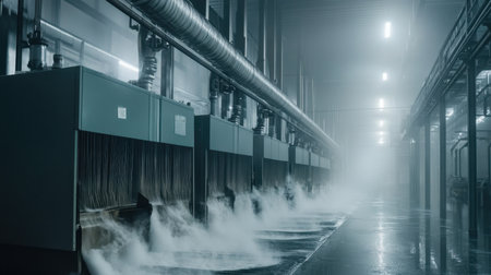 This image showcases an industrial wet cleaning process in a modern factory environment, featuring steam, machinery, and a high-tech atmosphere.の素材