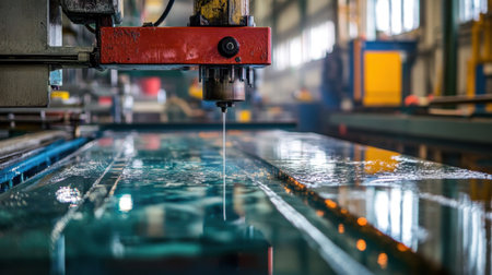 A dynamic image showcasing a water jet cutting process in an industrial setting highlights the precision and efficiency of modern manufacturing techniques.の素材
