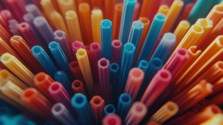 A dynamic close-up image showcasing a vivid arrangement of colorful straws. Perfect for summer drinks, parties, and creative gatherings, this vibrant visual captures the essence of fun and celebration.の素材