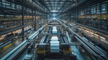 This image showcases a vast and modern industrial warehouse filled with automated machinery and advanced logistics systems, emphasizing efficiency and innovation in manufacturing.の素材