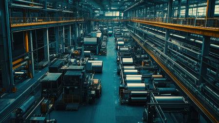 A captivating aerial view of a modern industrial manufacturing facility showcasing advanced machinery and organized workflows. This image highlights the inner workings of contemporary production processes.の素材