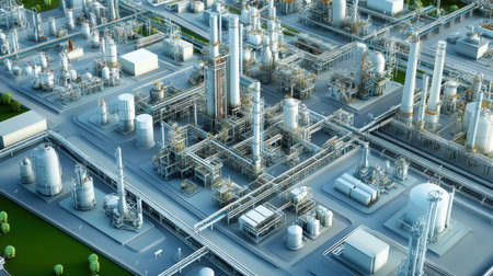 This aerial image showcases a modern industrial complex, highlighting the intricate network of pipes and equipment in a chemical manufacturing setting.の素材