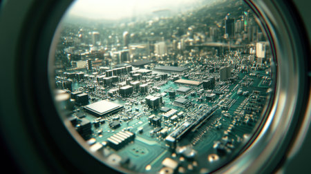 This captivating image showcases a close-up view of a circuit board, revealing intricate details within a futuristic urban landscape through a lens, blending technology and architecture.の素材