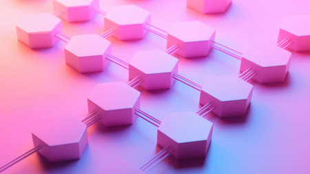 This vibrant and modern abstract image features hexagonal shapes interconnected by lines, set against a captivating gradient background. Ideal for digital design projects.の素材
