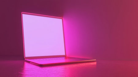 A modern laptop rests on a reflective surface, featuring a glowing pink screen that creates an inviting atmosphere. Ideal for creative projects.の素材