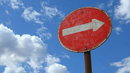A vintage right turn traffic sign stands tall against a vibrant blue sky adorned with fluffy white clouds, presenting a striking visual for urban landscapes.の素材