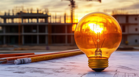 A bright light bulb glows at sunset on architectural blueprints, symbolizing innovation and creative ideas in construction and urban development.の素材