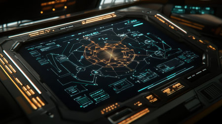 A futuristic control panel featuring intricate data visualizations, glowing connections, and advanced digital interfaces ideal for technology and science themes.の素材