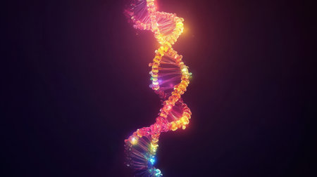 This captivating image showcases a vibrant DNA helix structure illuminated with colorful lights, set against a dark backdrop, symbolizing life and science exploration.の素材