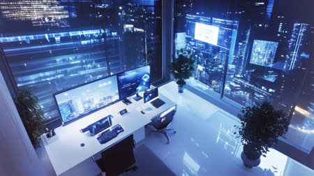 A sleek modern office setup featuring high-tech monitors and a clear view of a vibrant urban landscape at night, ideal for business professionals.の素材