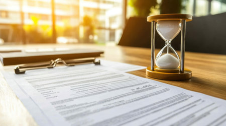 An hourglass placed next to important documents on a wooden table showcases a bright office environment. The sunlight highlights the focus on time management and productivity, reflecting a professional atmosphere.の素材