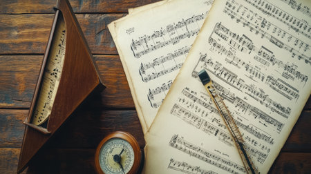 This artistic arrangement features vintage sheet music alongside musical instruments, a compass, and a tuner. Perfect for creative projects.の素材
