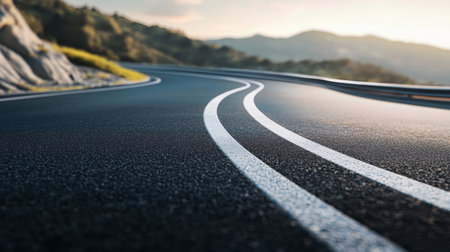 A captivating winding asphalt road surrounded by scenic hills and mountains, illuminated by the warm glow of sunset. Perfect for travel themes.の素材