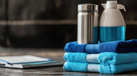 A serene bathroom scene showcasing colorful towels stacked neatly alongside a stainless steel water bottle and a shower gel bottle, inviting relaxation and self-care.の素材