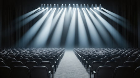 An evocative scene of an empty theater stage with bright spotlights illuminating the space, showcasing rows of seats prepared for an upcoming performance.の素材
