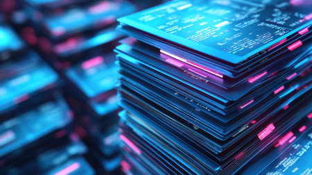 A captivating abstract image showcasing a stack of digital data cards illuminated by vibrant neon lighting, ideal for themes in technology and cyber environments.の素材