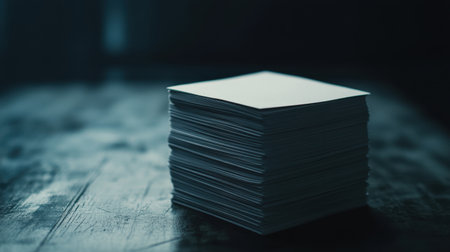 A close-up view of a stack of blank papers set against a rustic wooden surface, illuminated by dim lighting, perfect for office or creative projects.の素材