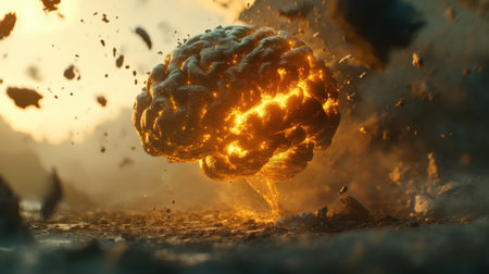 This striking image features a brain in an explosive scene, symbolizing creativity and innovation. The dynamic visuals evoke energy and imagination, inviting viewers to explore the depths of thought and inspiration.の素材