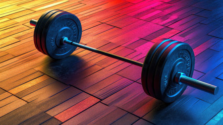 A modern barbell rests on a stylish wooden floor, illuminated by vibrant lighting, creating an inspiring atmosphere for fitness enthusiasts and athletes.の素材