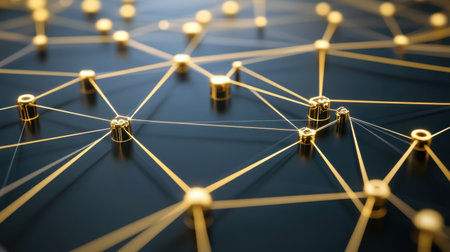 This image presents an abstract network visualization, capturing connections and interactions among nodes with golden highlights on a dark backdrop, perfect for technology themes.の素材