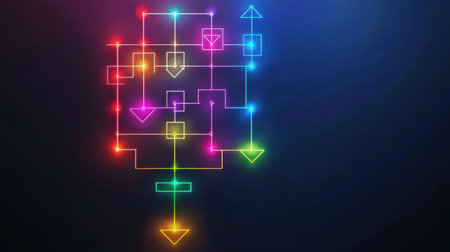 Vibrant neon flowchart design featuring colorful arrows and geometric shapes against a dark background. Ideal for representing innovative ideas and solutions.の素材