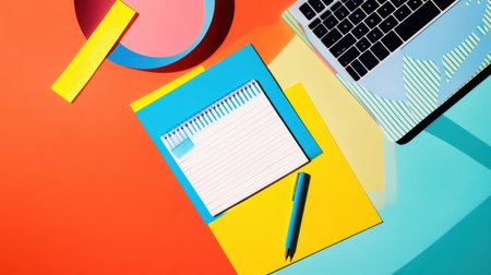 This vibrant flat lay image showcases a colorful workspace featuring a notebook, pen, and laptop, perfect for creative tasks and inspiration.の素材