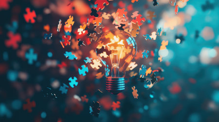 A vibrant light bulb surrounded by colorful puzzle pieces, representing creative ideas and innovative solutions in a dynamic and abstract setting.の素材