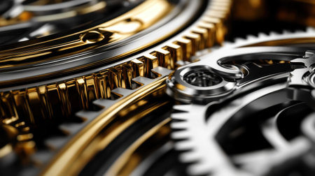 This stunning close-up image showcases the intricate beauty of interlocking gold and silver gears, highlighting their smooth surfaces and reflective details.の素材