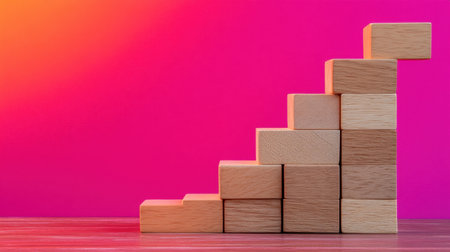 A visually appealing arrangement of wooden blocks forming a staircase, symbolizing growth and progress, set against a bold, colorful background.の素材