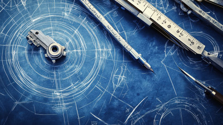This image features a detailed technical illustration highlighting drawing tools and a gear component against a blueprint background, ideal for design projects.の素材