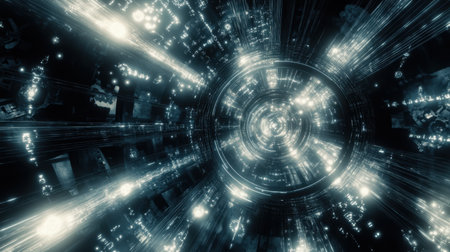 Explore an abstract futuristic digital tunnel filled with bright light rays and glowing particles, creating a captivating visual experience in a dark space.の素材