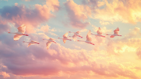 A breathtaking view of a flock of birds soaring gracefully through a vibrant sunset sky filled with colorful clouds, embodying freedom and beauty.の素材