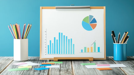 A bright office workspace showcases a presentation board with colorful charts and graphs, surrounded by stationery tools, highlighting effective business analysis.の素材