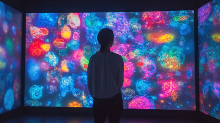 A woman stands captivated by a vibrant digital art installation, featuring an array of colorful patterns and lights, set in a contemporary gallery.の素材