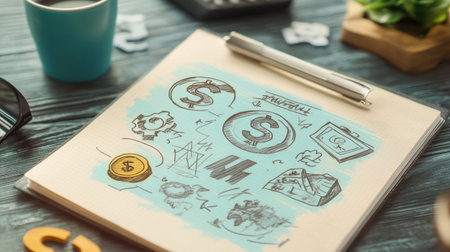 A stylish workspace featuring a notebook filled with business concept sketches related to finance and investment, with a coffee cup and calculator nearby.の素材