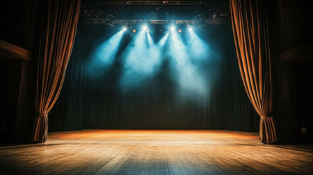A beautifully lit empty stage showcasing a wooden floor and elegantly draped curtains, setting the perfect mood for a theatrical performance or event.の素材