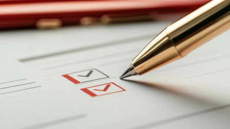 A close-up view of a shiny metallic pen poised to check off a box on a checklist, symbolizing task completion and organizational efficiency in a workspace.の素材