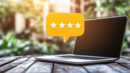 A laptop sits on a wooden table in an outdoor setting, featuring a vibrant review icon that symbolizes digital feedback and customer ratings.の素材