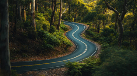 A captivating view of a winding road meandering through a lush green forest, surrounded by towering trees and vibrant ferns, illuminated by soft golden hour light.の素材
