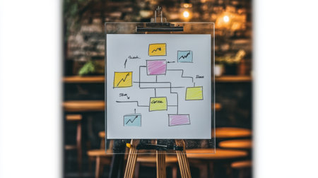 This vibrant flowchart diagram, displayed in a cozy coffee shop setting, showcases business concepts and data analysis through colorful shapes.の素材