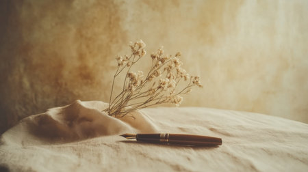 A serene scene featuring a bouquet of dried flowers and a classic fountain pen on a soft tablecloth, captured in warm, diffused light for a vintage feel.の素材